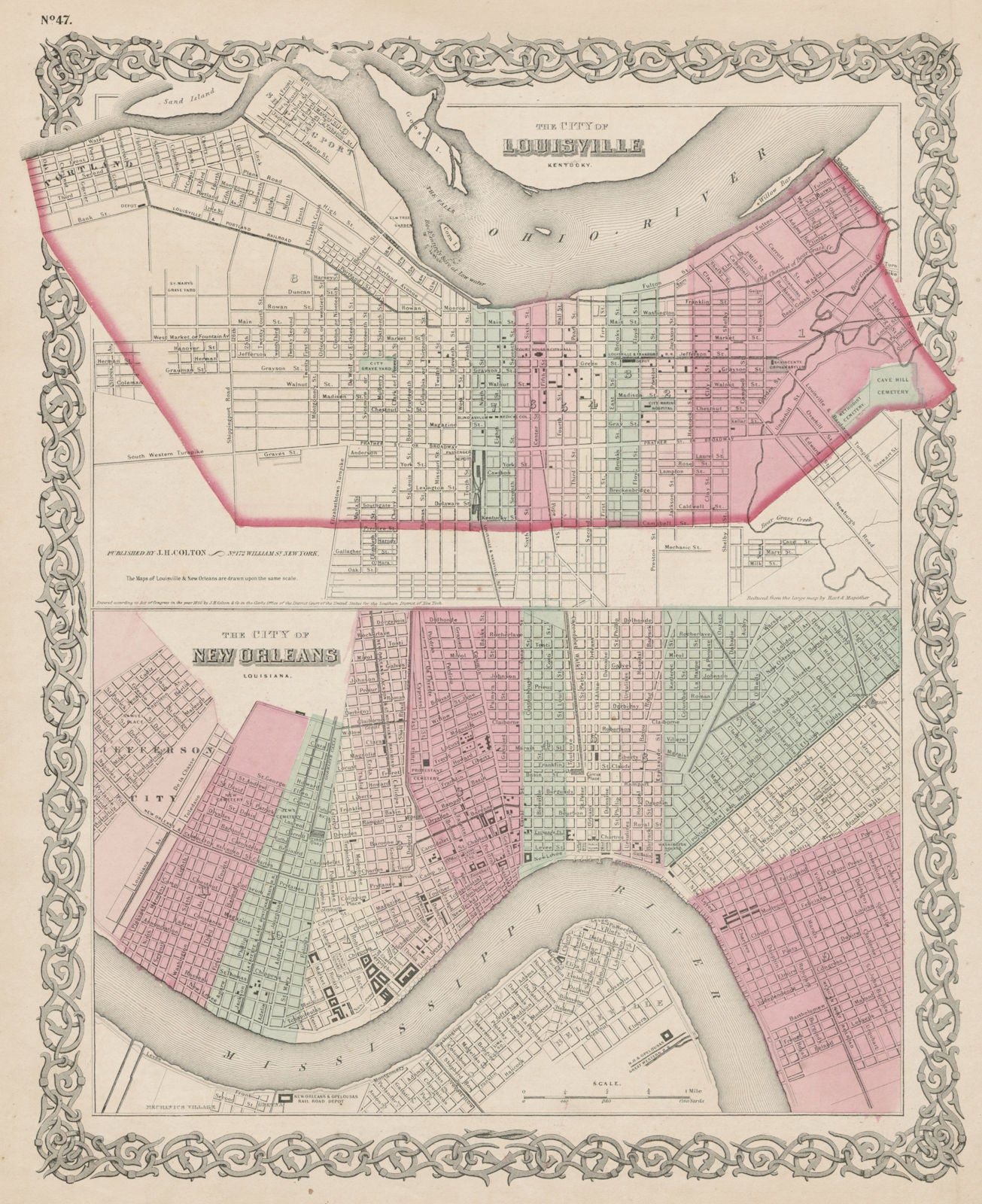 Louisville, Kentucky & New Orleans, Louisiana antique city plans COLTON 1863 map